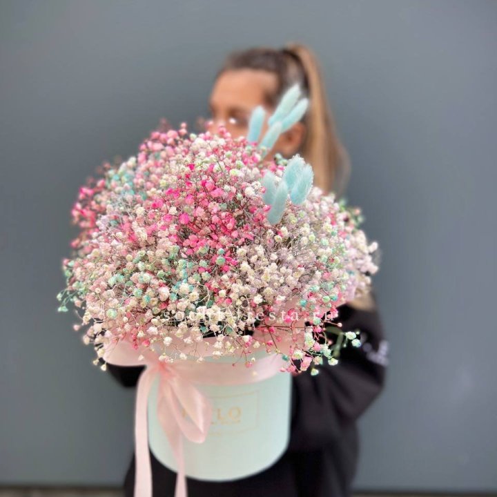 9 Радужных гипсофилы в шляпной коробке в Кургане